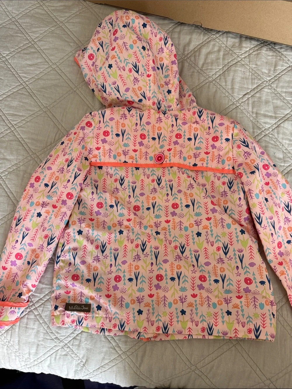 Matilda Jane Peach Floral Hooded Raincoat with Teal Buttons